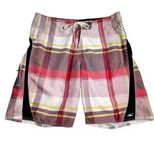 O'Neill Plaid Boardshorts Men's 37W Zip Side Pocket Hook & Loop &Tie String